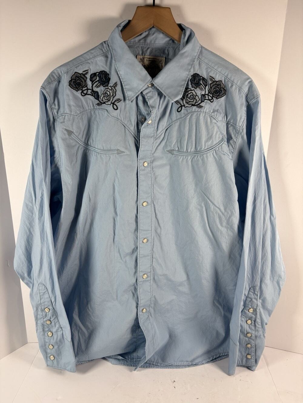 Wrangler Authentic Western Shirt Mens L Blue Rose Embroidered Pearl Snap Cowboy
